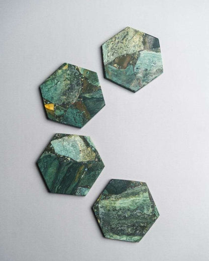 Moss Agate Hexagon Stone Coaster | Set of 4