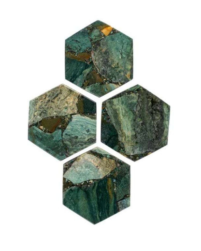 Moss Agate Hexagon Stone Coaster | Set of 4