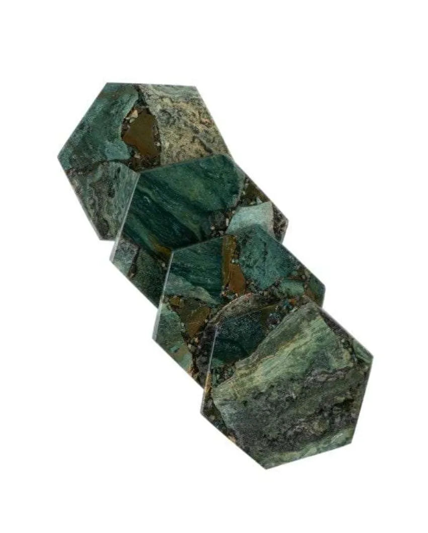 Moss Agate Hexagon Stone Coaster | Set of 4