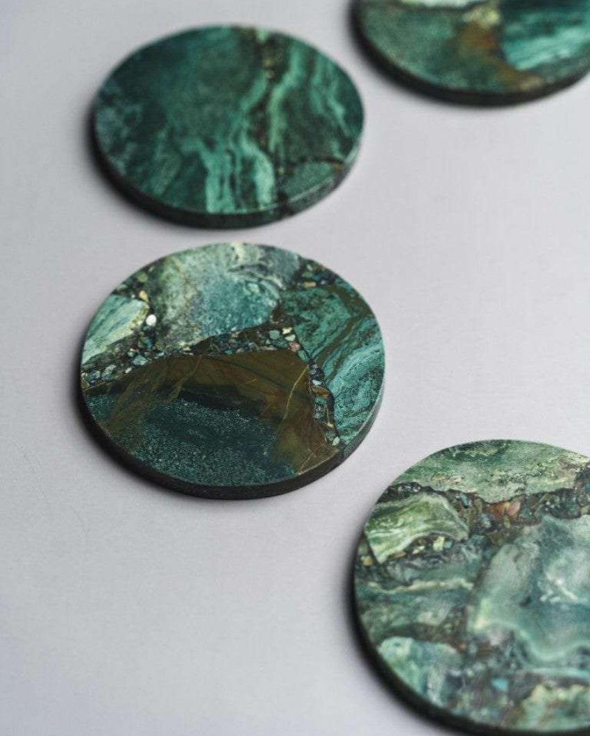 Moss Agate Round Stone Coaster | Set of 4