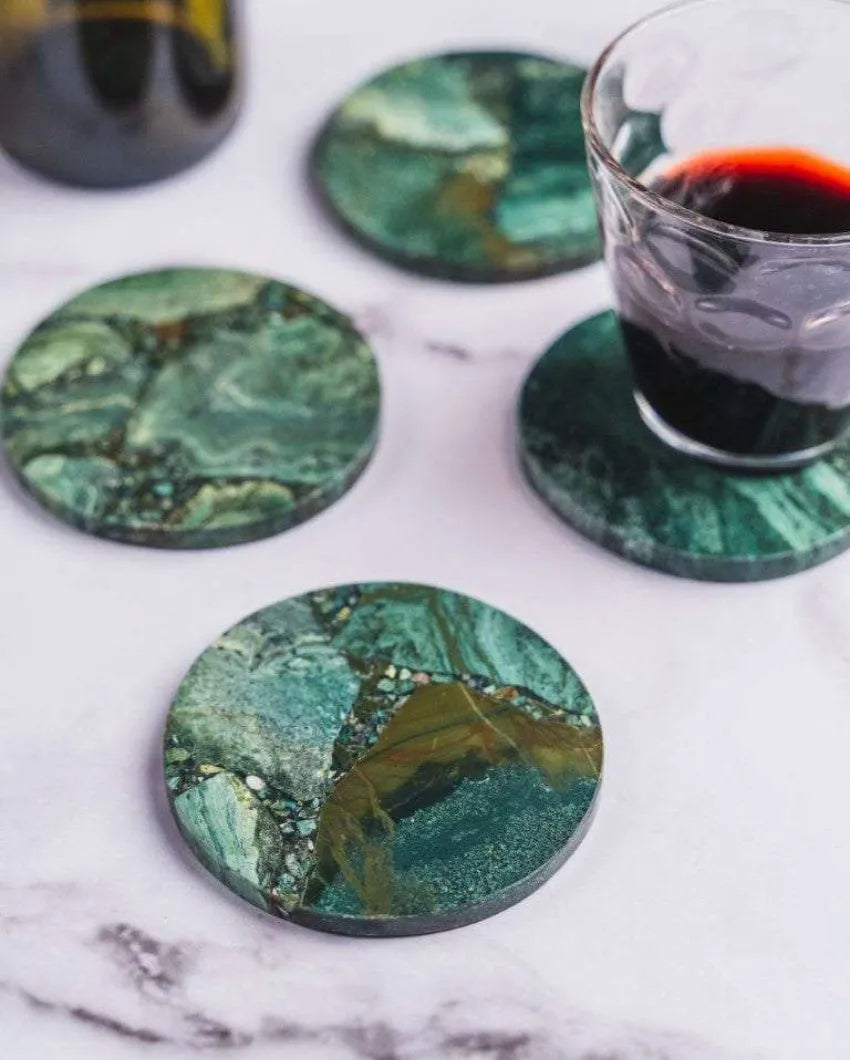 Moss Agate Round Stone Coaster | Set of 4