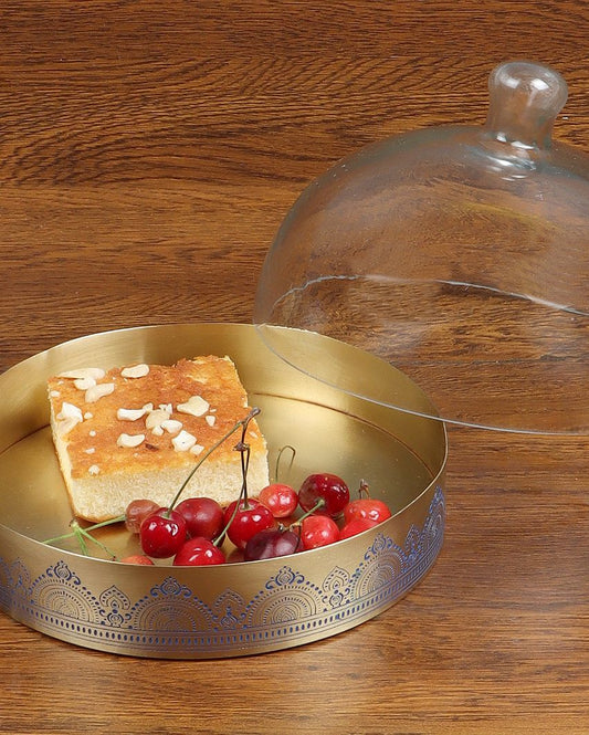 Dohar Brass Cookie tray with Glass Cloche Blue