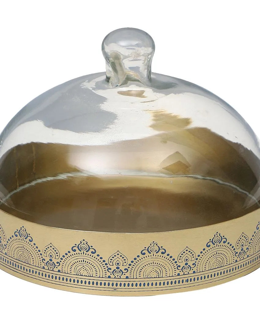 Dohar Brass Cookie tray with Glass Cloche Blue