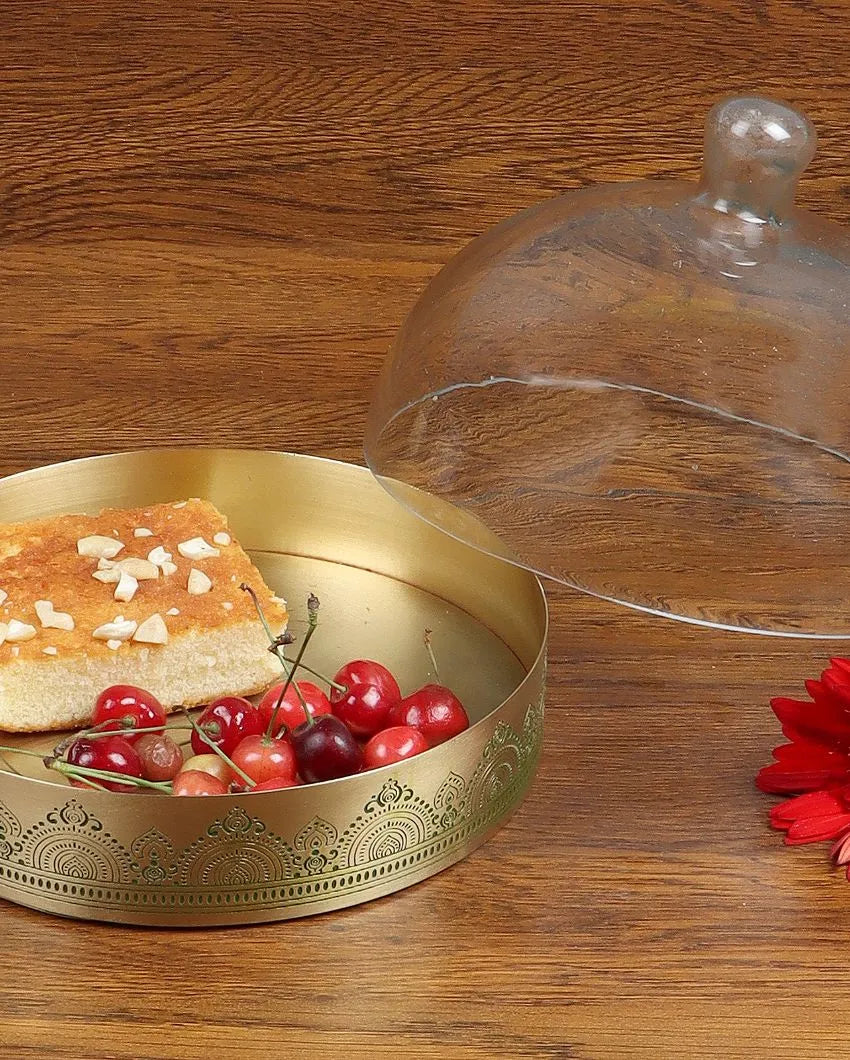 Dohar Brass Cookie tray with Glass Cloche Green