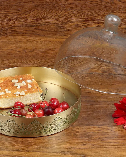 Dohar Brass Cookie tray with Glass Cloche Green