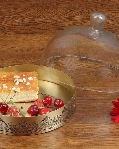 Dohar Brass Cookie tray with Glass Cloche Maroon