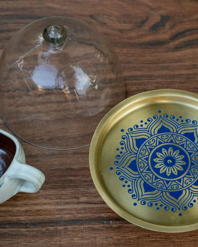 Utsav Brass Cake Stand with Glass Cloche Blue