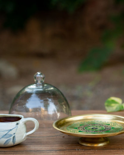 Utsav Brass Cake Stand with Glass Cloche Green