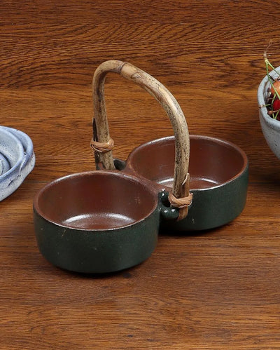 Dark Green Ceramic Chutney Server With Cane Handle Flat Base