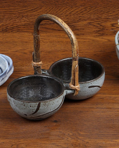 Light Blue Ceramic Chutney Server With Cane Handle Round Base