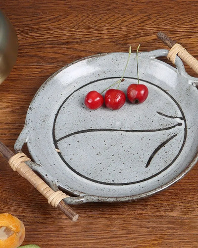 Light Blue Round Ceramic Platter With Cane Handle