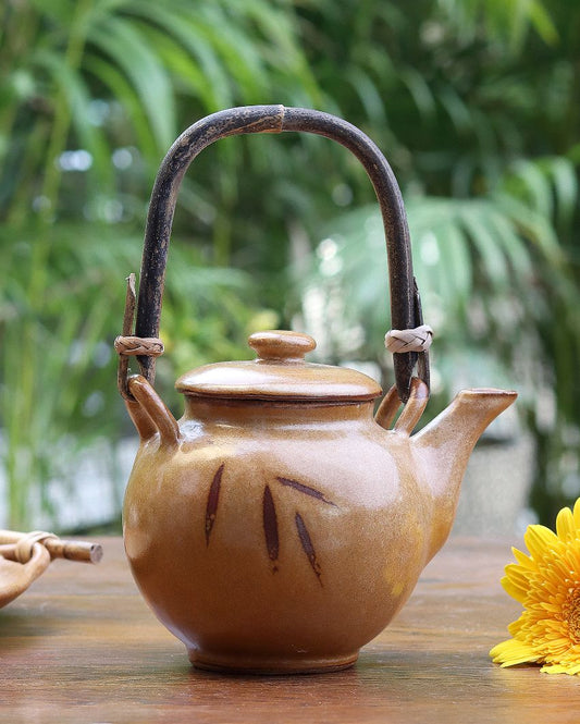 Yellow Cermaic Teapot With Cane Handle | 750ml