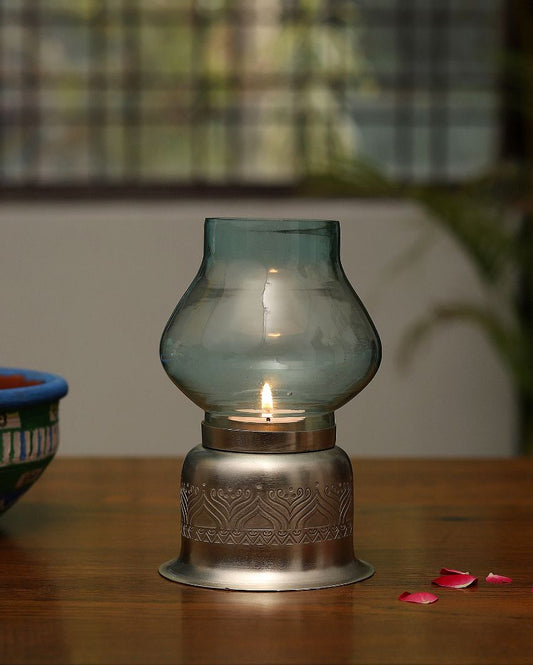 Utsav Silver Plated Candle Base With Glass Chimney Blue