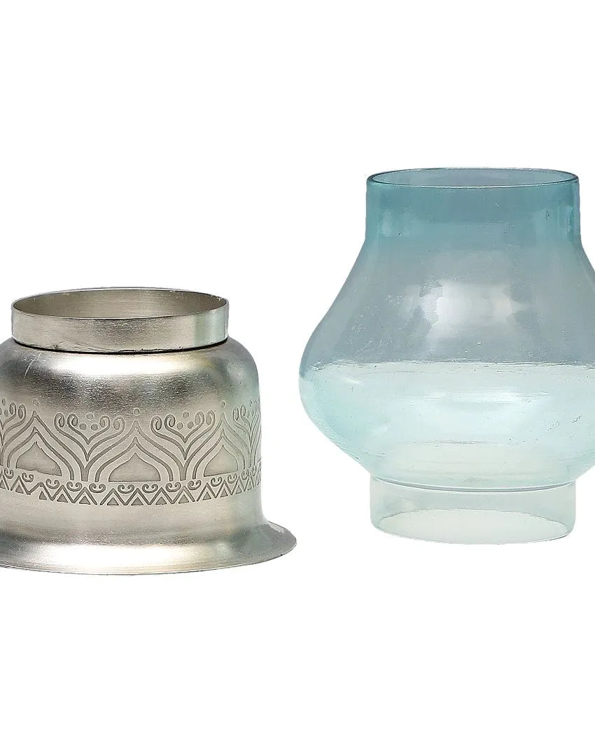 Utsav Silver Plated Candle Base With Glass Chimney Blue