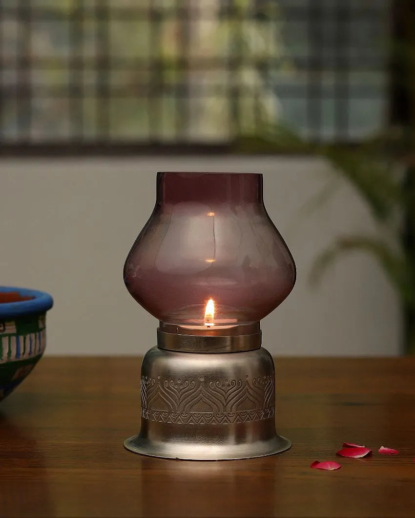 Utsav Silver Plated Candle Base With Glass Chimney Purple