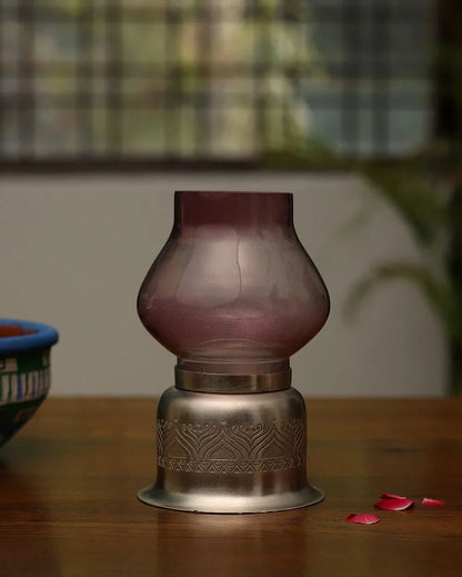 Utsav Silver Plated Candle Base With Glass Chimney Purple