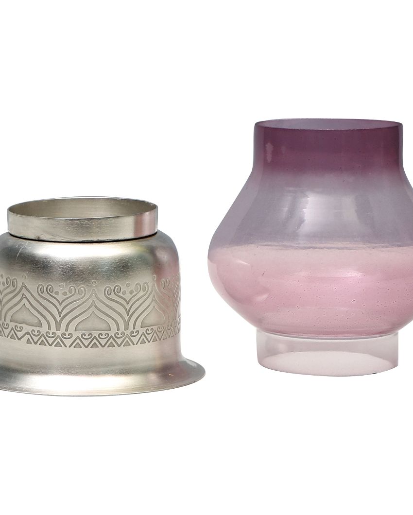 Utsav Silver Plated Candle Base With Glass Chimney Purple