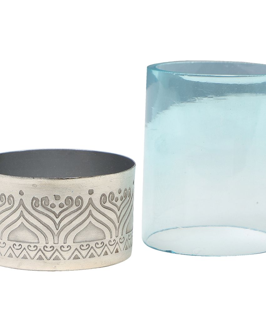 Utsav Silver Plated Votive With Glass | Set Of 2 Blue