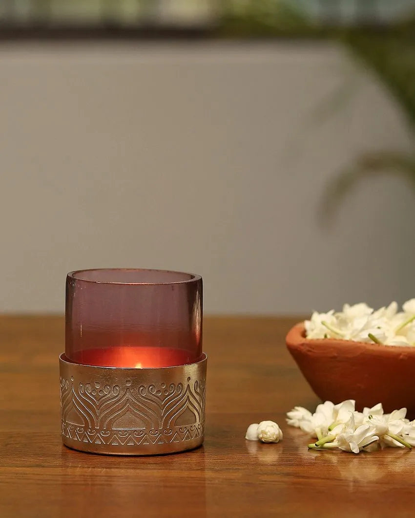 Utsav Silver Plated Votive With Glass | Set Of 2 Purple