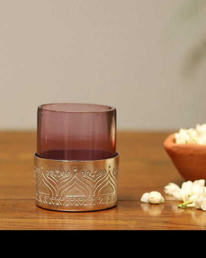 Utsav Silver Plated Votive With Glass | Set Of 2 Purple