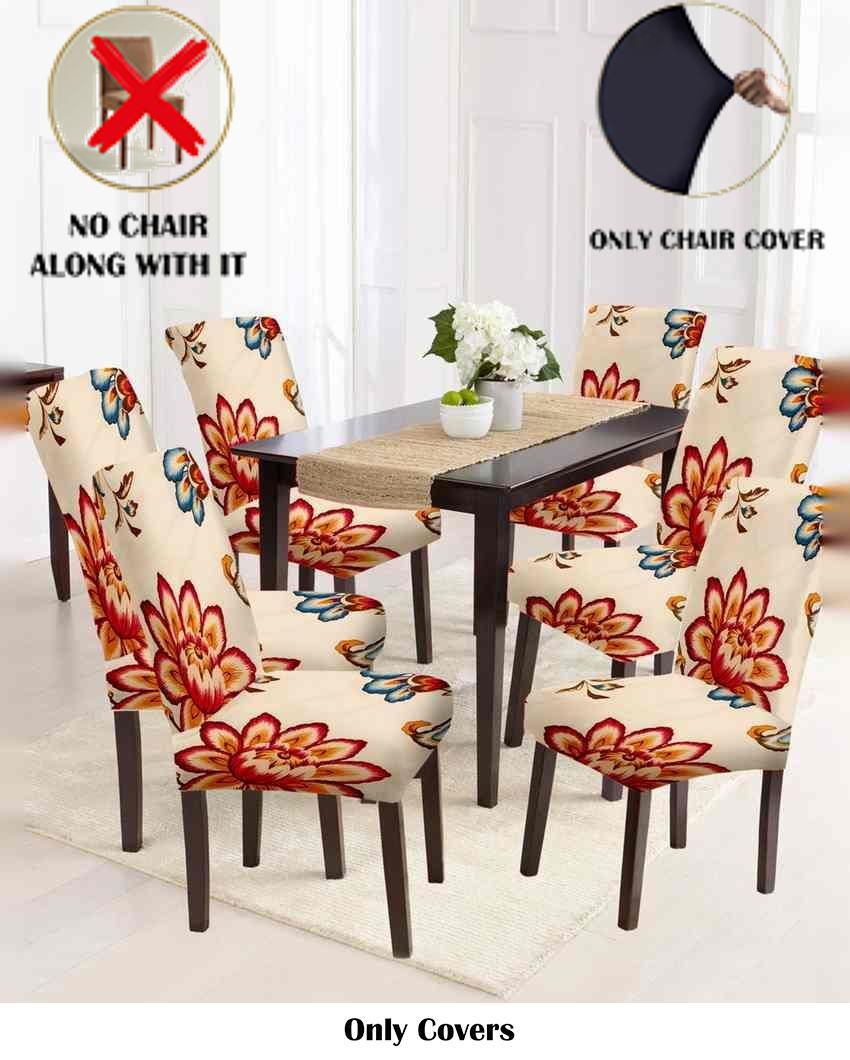 ONLY CHAIR COVER | Beige and Red Non Slip Dining Chair Covers Floral Printed | Set of 6 | 20 x 26 inches