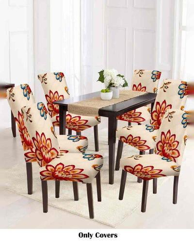 Beige and Red Non Slip Dining Chair Covers Floral Printed | Set of 6 | 20 x 26 inches