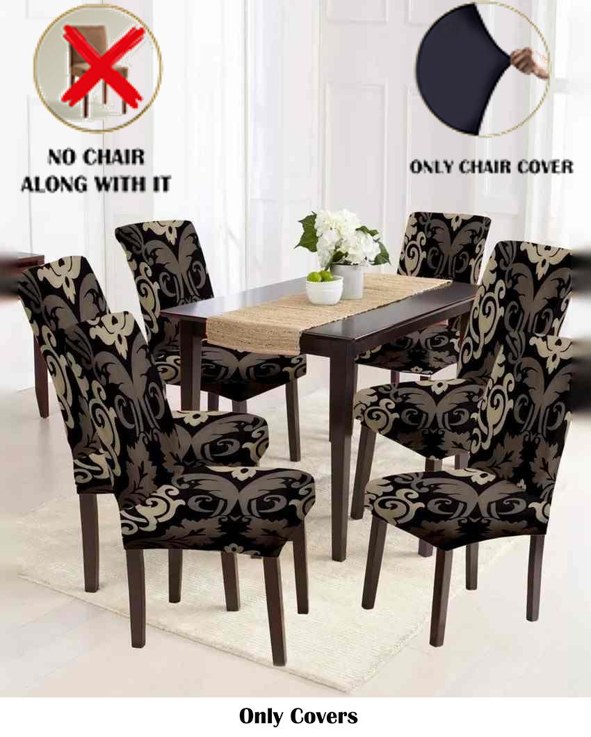 ONLY CHAIR COVER | Black and Beige Non Slip Dining Chair Covers Ethnic Motif Printed | Set of 6 | 20 x 26 inches