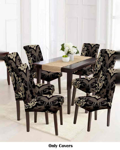 Black and Beige Non Slip Dining Chair Covers Ethnic Motif Printed | Set of 6 | 20 x 26 inches