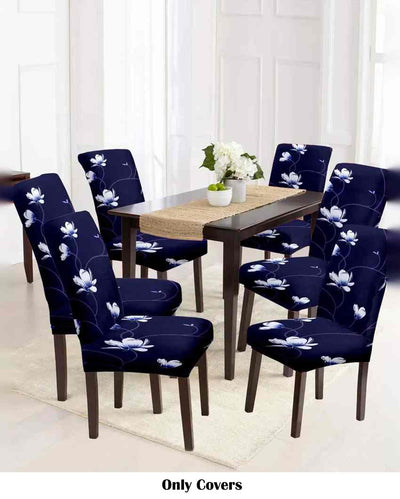 Blue and White Non Slip Dining Chair Covers Floral Printed | Set of 6 | 20 x 26 inches