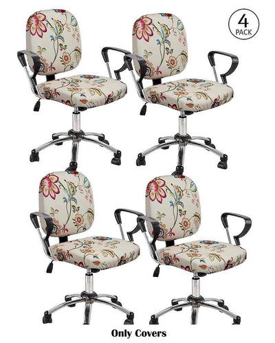 Beige Polyester Stretchable Elastic Floral Printed Office Chair Covers | 18 x 18 inches