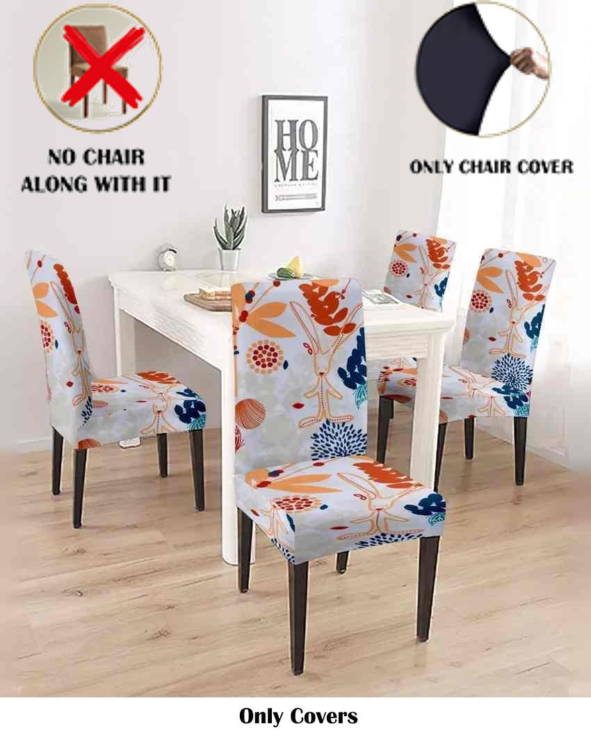 ONLY CHAIR COVER | Abstract Print White and Orange Chair Covers | Set of 4 | 18 x 18 inches