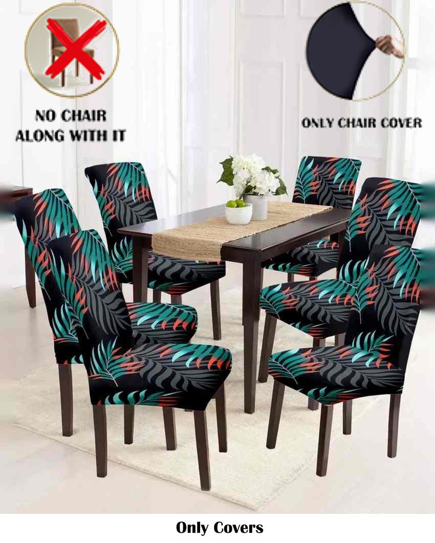 ONLY CHAIR COVER | Black and Teal Leaf Printed Chair Covers | Set of 6 | 18 x 18 inches