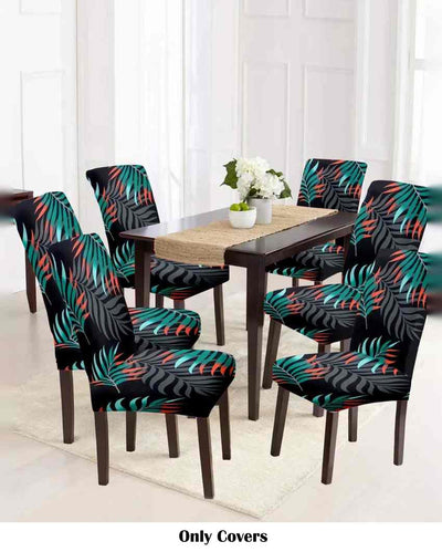 Black and Teal Leaf Printed Chair Covers | Set of 6 | 18 x 18 inches