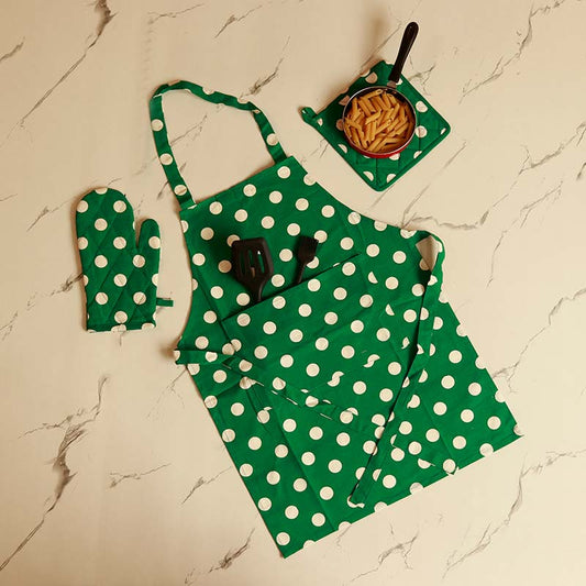 Green Polka Dot Kitchen Apron, Glove & Potholder Set