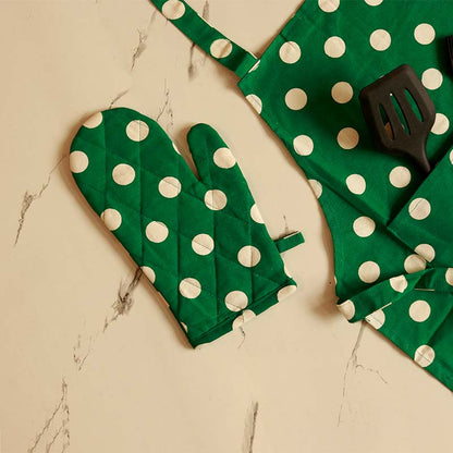 Green Polka Dot Kitchen Apron, Glove & Potholder Set