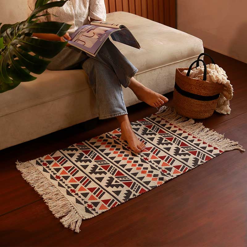 Modern Multicolor Printed Cotton Dhurrie | Floormat | 33 x 21 Inches - Dusaan