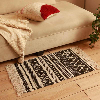 Flora Black & Beige Printed Cotton Dhurrie | Floormat | 33x21 Inches