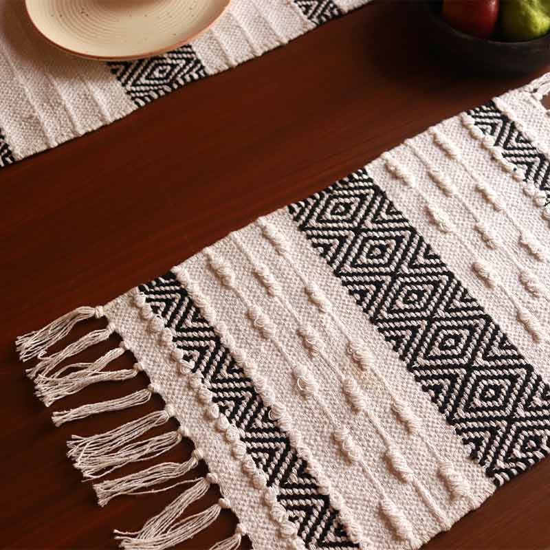 Handmade White & Black Diamond Table Placemats| Set of 2,4 | 13x19 Inches Set of 2
