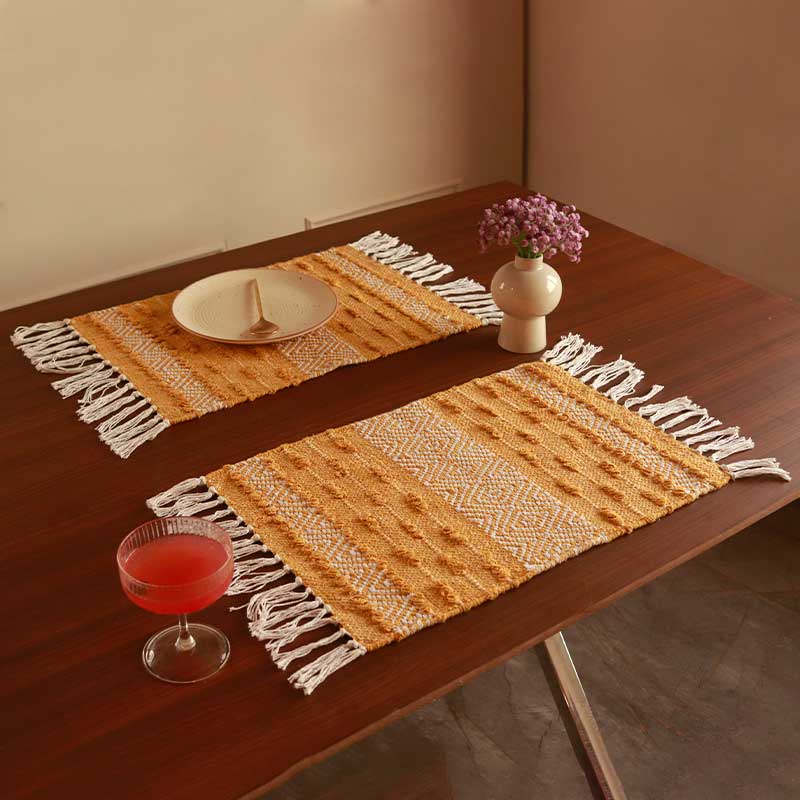 Handmade Ocher Diamond Table Placemats| Set of 2,4 | 13x19 Inches Set of 2