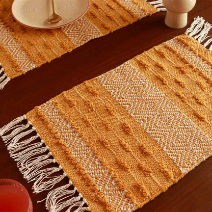 Handmade Ocher Diamond Table Placemats| Set of 2,4 | 13x19 Inches Set of 2