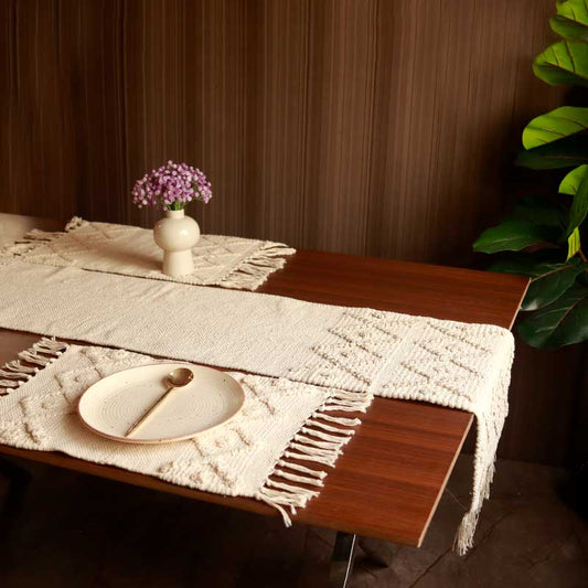 White Handloom Cotton Table Linen Set | 1 Runner & 2 Placemats