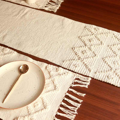 White Hand-loomed Cotton Runner & Placemats Set | 72 x 13 Inches Default Title