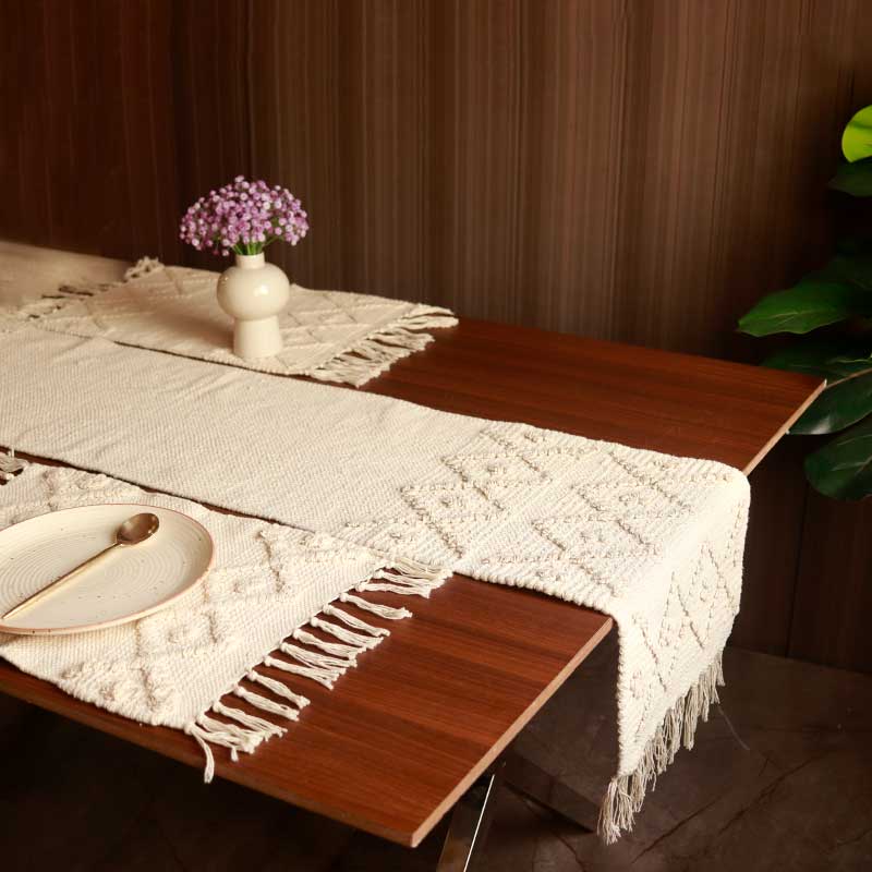 White Handloom Cotton Table Linen Set | 1 Runner & 2 Placemats