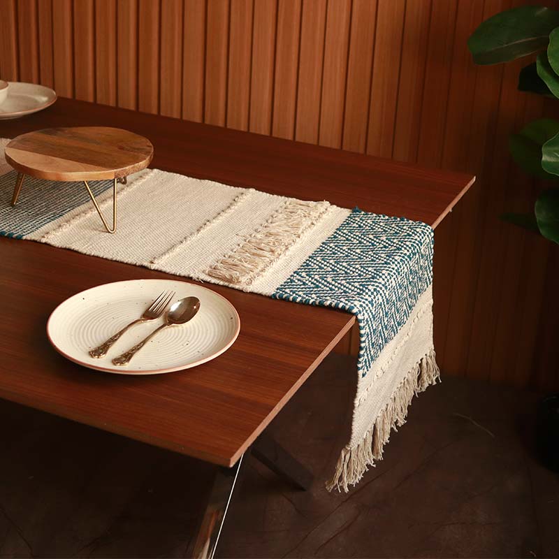 White & Teal Table Runner | 72 x 13 Inches