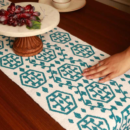 Handmade Printed White & Blue Table Runner | 72 x 13  Inches