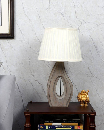 Timeless Charm Wooden Table Lamp with Off-White Satin Shade | Bulb Not Included | 10 x 17 inches