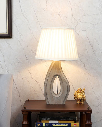 Timeless Charm Wooden Table Lamp with Off-White Satin Shade | Bulb Not Included | 10 x 17 inches