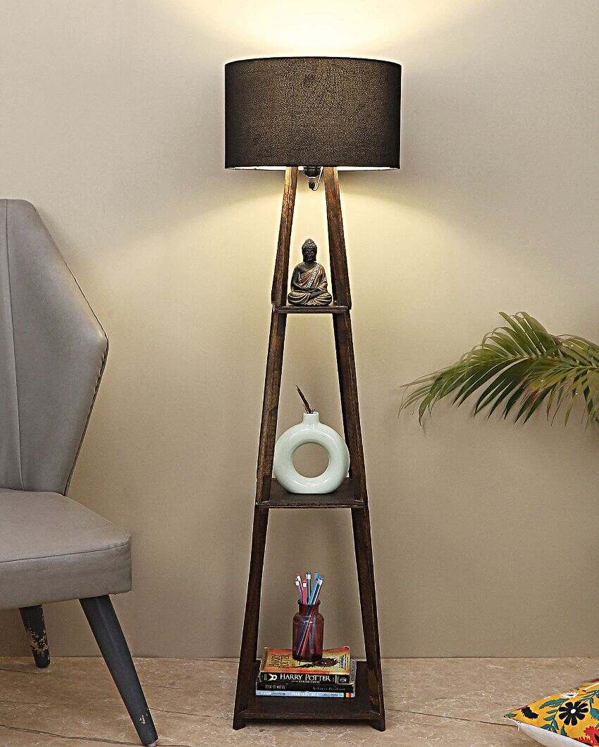 Three-Tiers Design Wooden Floor Lamp with Cotton Shade | Bulb Not Included | 14 x 14 x 52 inches