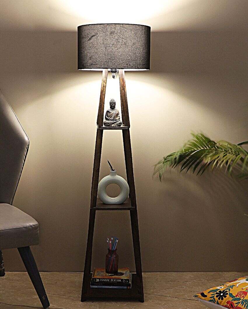 Three-Tiers Design Wooden Floor Lamp with Cotton Shade | Bulb Not Included | 14 x 14 x 52 inches