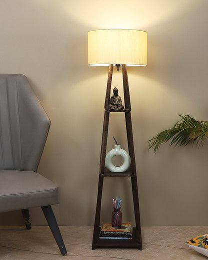 Three-Tiers Design Wooden Floor Lamp with Cotton Shade | Bulb Not Included | 14 x 14 x 52 inches